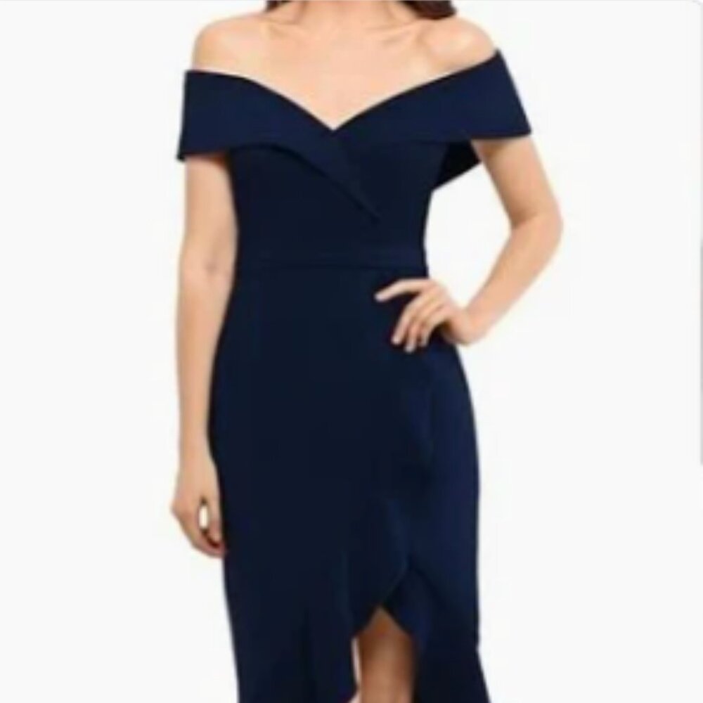 Xscape Navy Blue Riffled Sheath Off the ShoulderEvening Dress w Slit & Tulip Hem